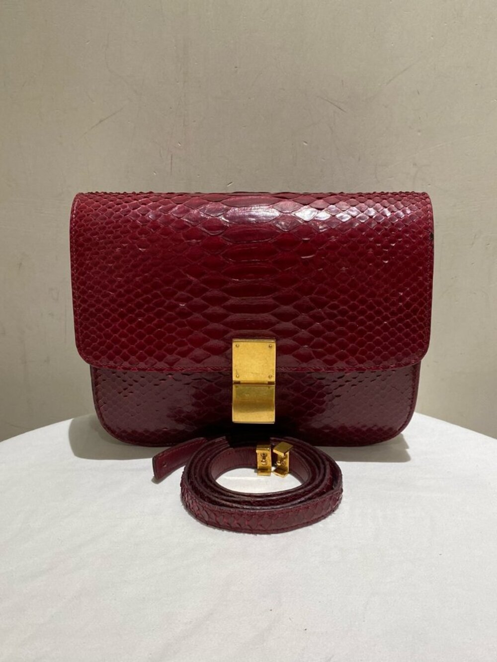 Celine Burgundy Python Leather Medium Box Flap Shoulder Bag